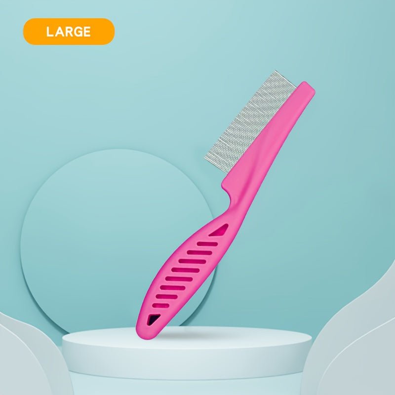 A pet grooming comb, stainless steel, fine tooth design, flea removal and hair removal tool, durable non-slip handle, suitable for cats and dogs with thick hair