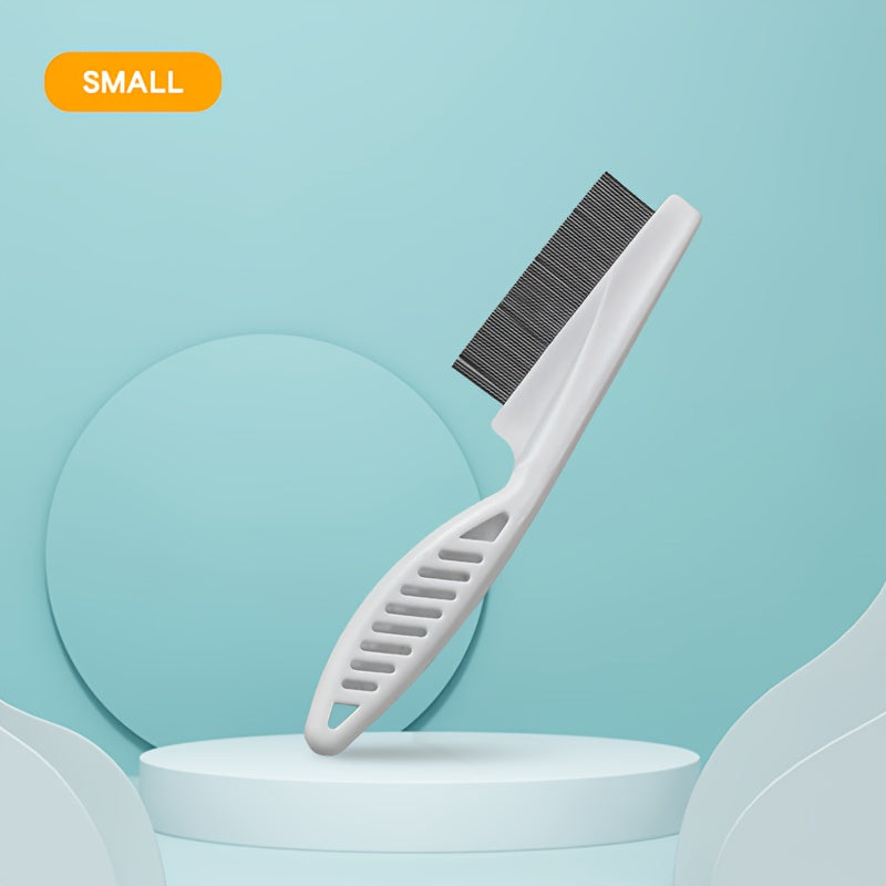 A pet grooming comb, stainless steel, fine tooth design, flea removal and hair removal tool, durable non-slip handle, suitable for cats and dogs with thick hair