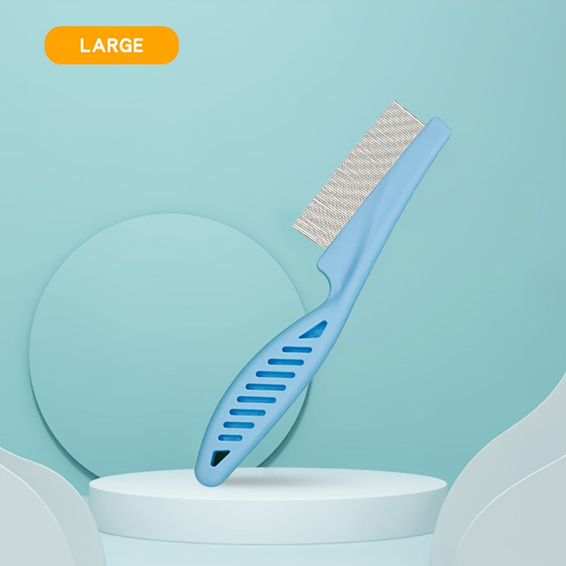 A pet grooming comb, stainless steel, fine tooth design, flea removal and hair removal tool, durable non-slip handle, suitable for cats and dogs with thick hair