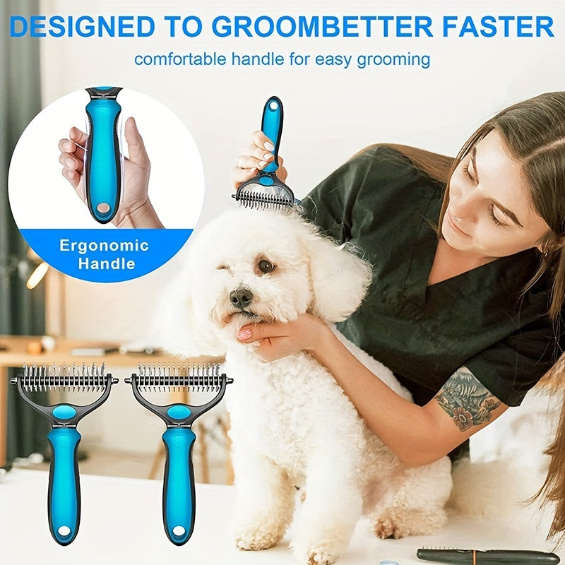 Double-sided pet grooming brush - perfect for shedding and matting - extra wide and blue - perfect for dogs and cats!