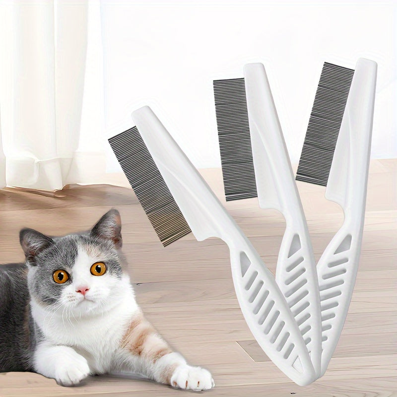 A pet grooming comb, stainless steel, fine tooth design, flea removal and hair removal tool, durable non-slip handle, suitable for cats and dogs with thick hair