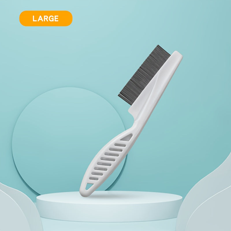 A pet grooming comb, stainless steel, fine tooth design, flea removal and hair removal tool, durable non-slip handle, suitable for cats and dogs with thick hair
