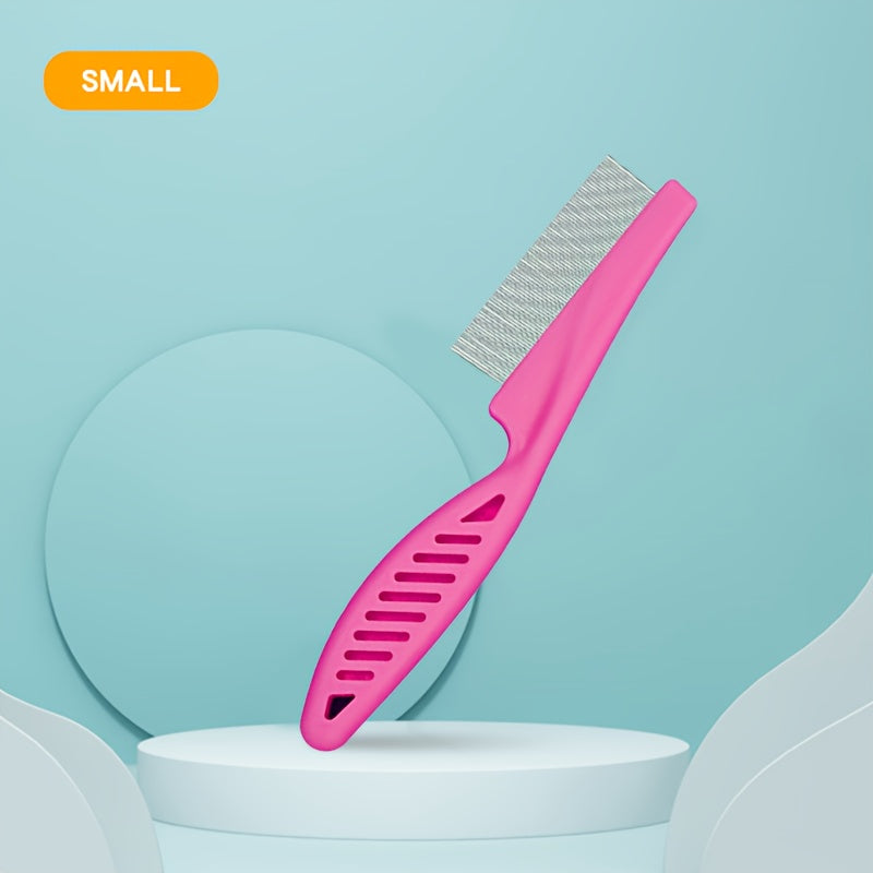 A pet grooming comb, stainless steel, fine tooth design, flea removal and hair removal tool, durable non-slip handle, suitable for cats and dogs with thick hair
